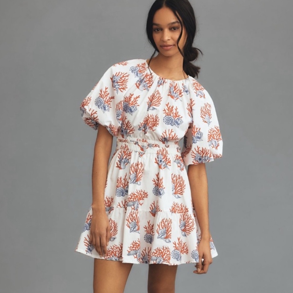 Anthropologie White and Blue Floral Mini Dress